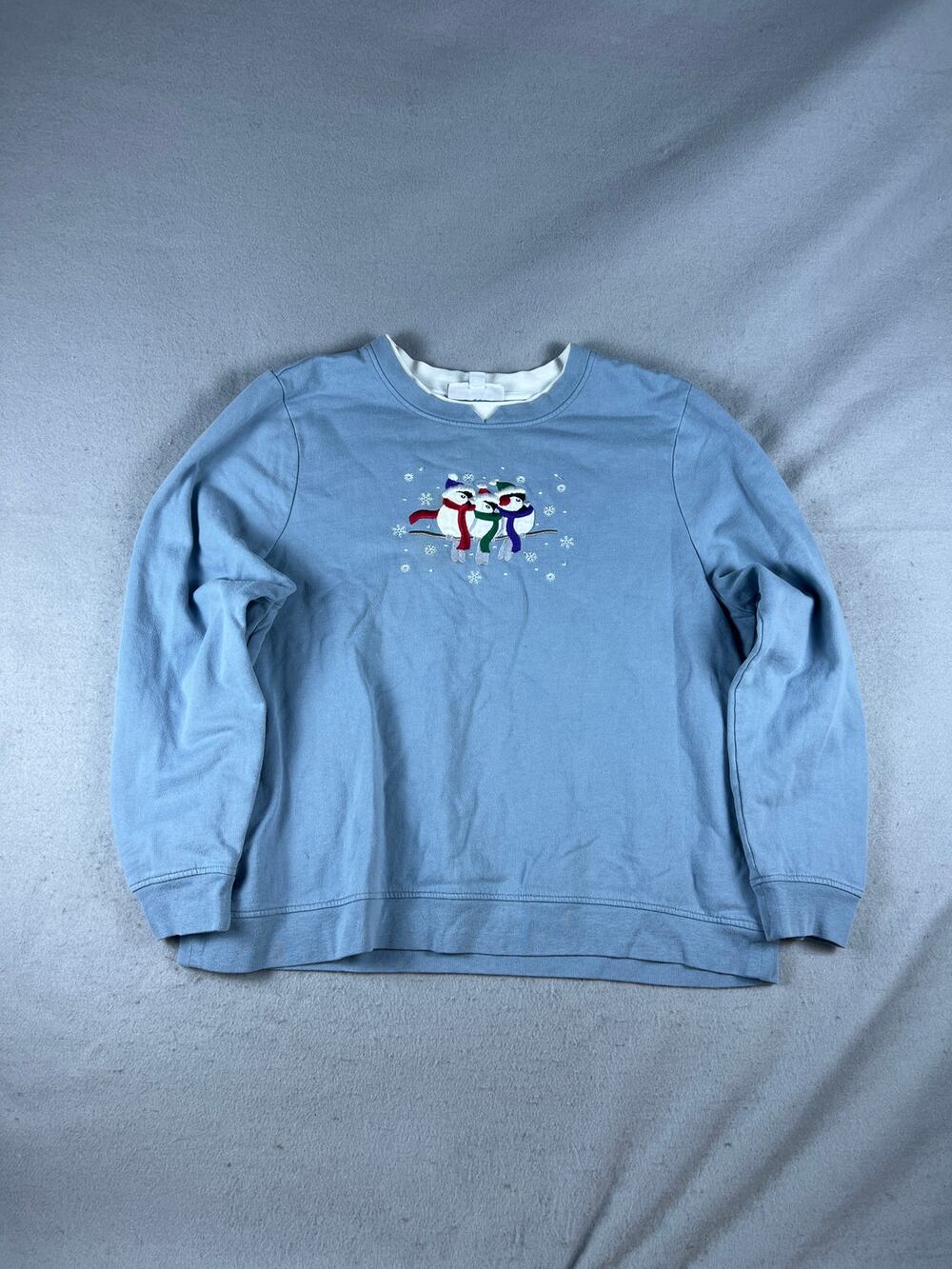 Vintage Breckenridge Sweatshirt Womens XL Light Blue Snowman Birds Snowflakes